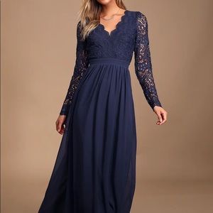 Lulus Awaken My Love Navy Blue Long Sleeve Maxi Dress size 0 XS